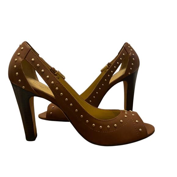 Coach (Style Q1293) Billee Golden Studded Peep Toe 4" Heels Size 9B in Brown - Picture 1 of 15